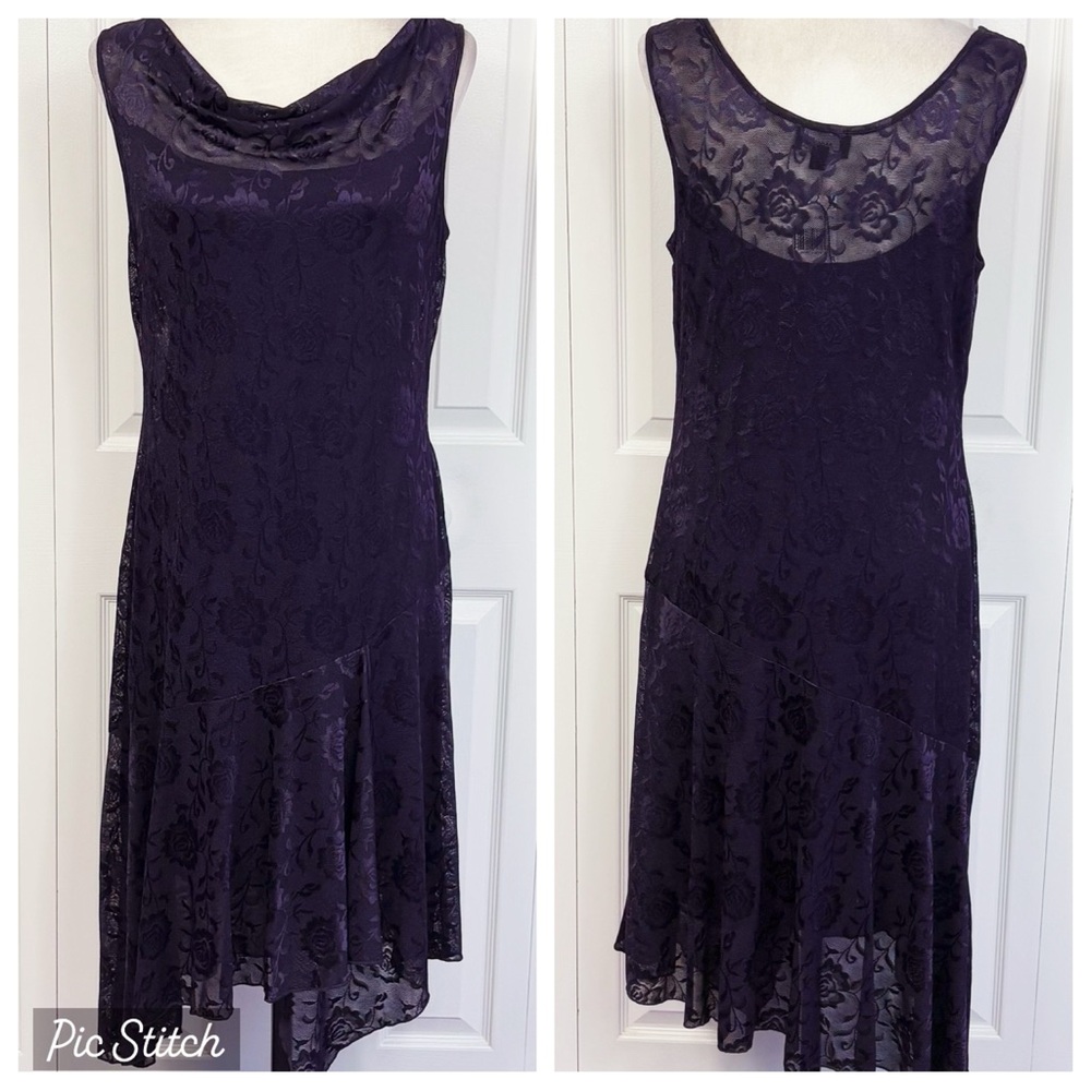 NWT Connected Apparel Aubergine Purple Lace Asymmetric Midi Dress 8